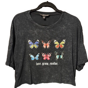 Faded Rose Cropped Black Tee with Colorful Butterflies Love Grow Evolve